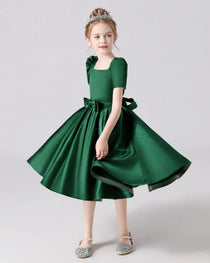 Dideyttawl Satin Flower Girl Dress with Short Puff Sleeves and Bow