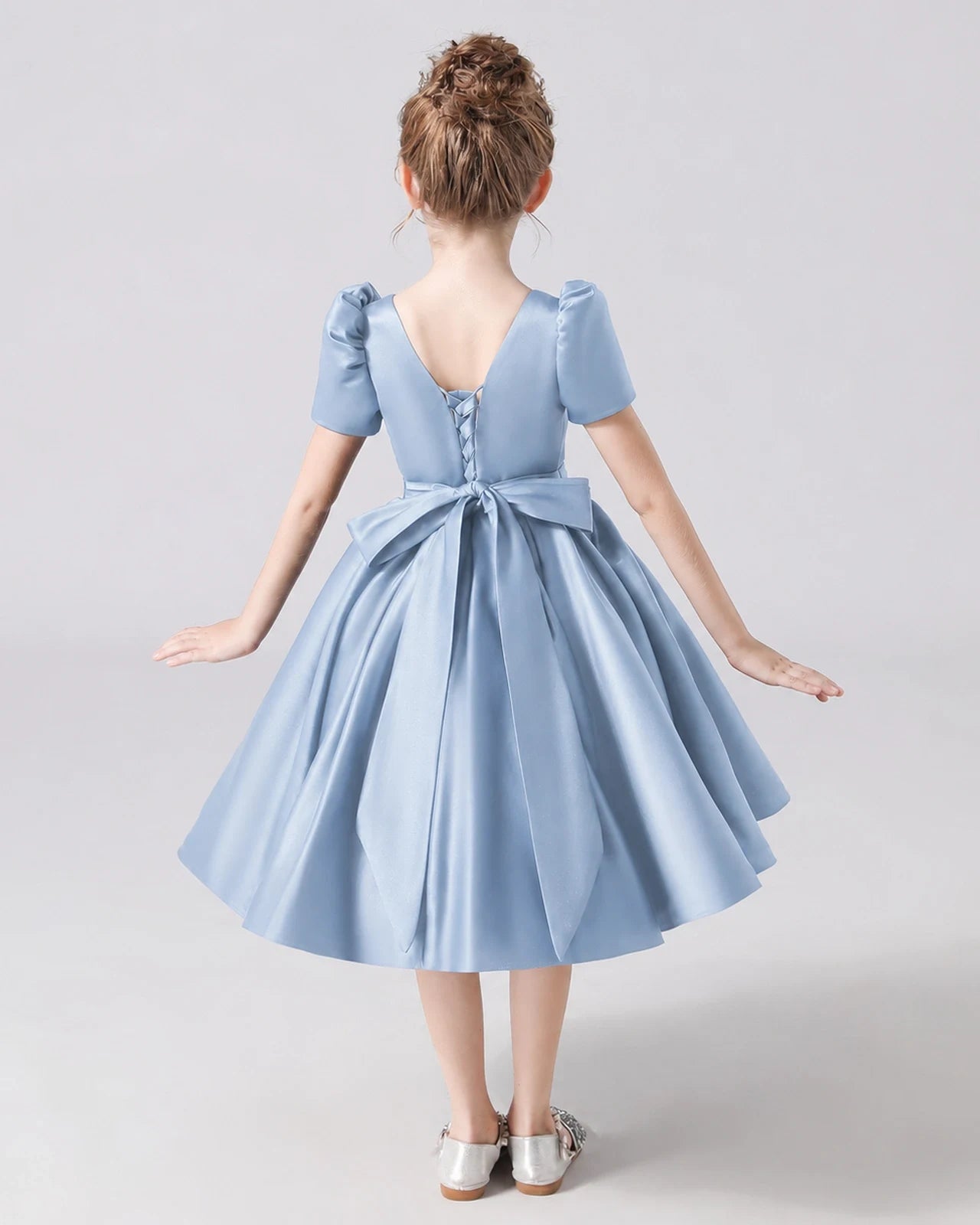 Dideyttawl Satin Flower Girl Dress with Short Puff Sleeves and Bow