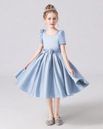 Dideyttawl Satin Flower Girl Dress with Short Puff Sleeves and Bow
