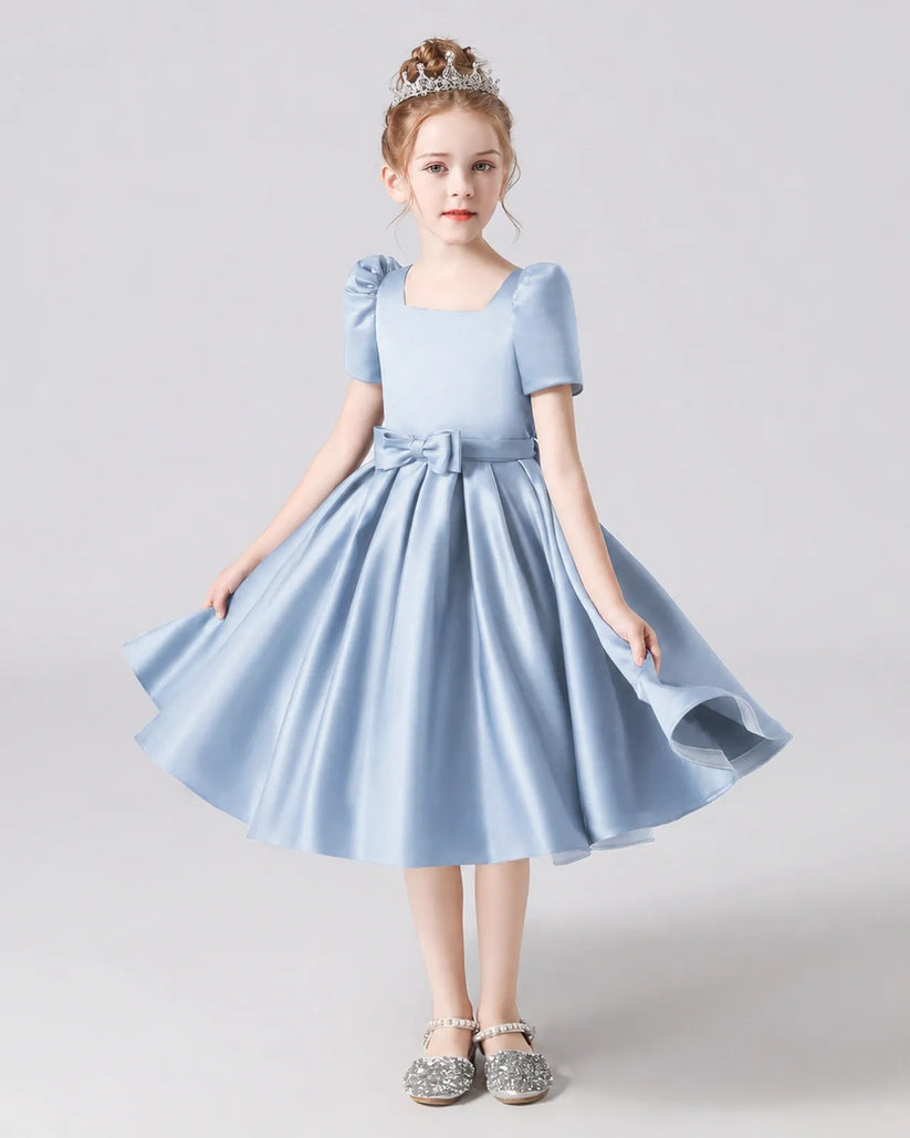 Dusty Blue Satin A-line Flower Girl Dress Front View