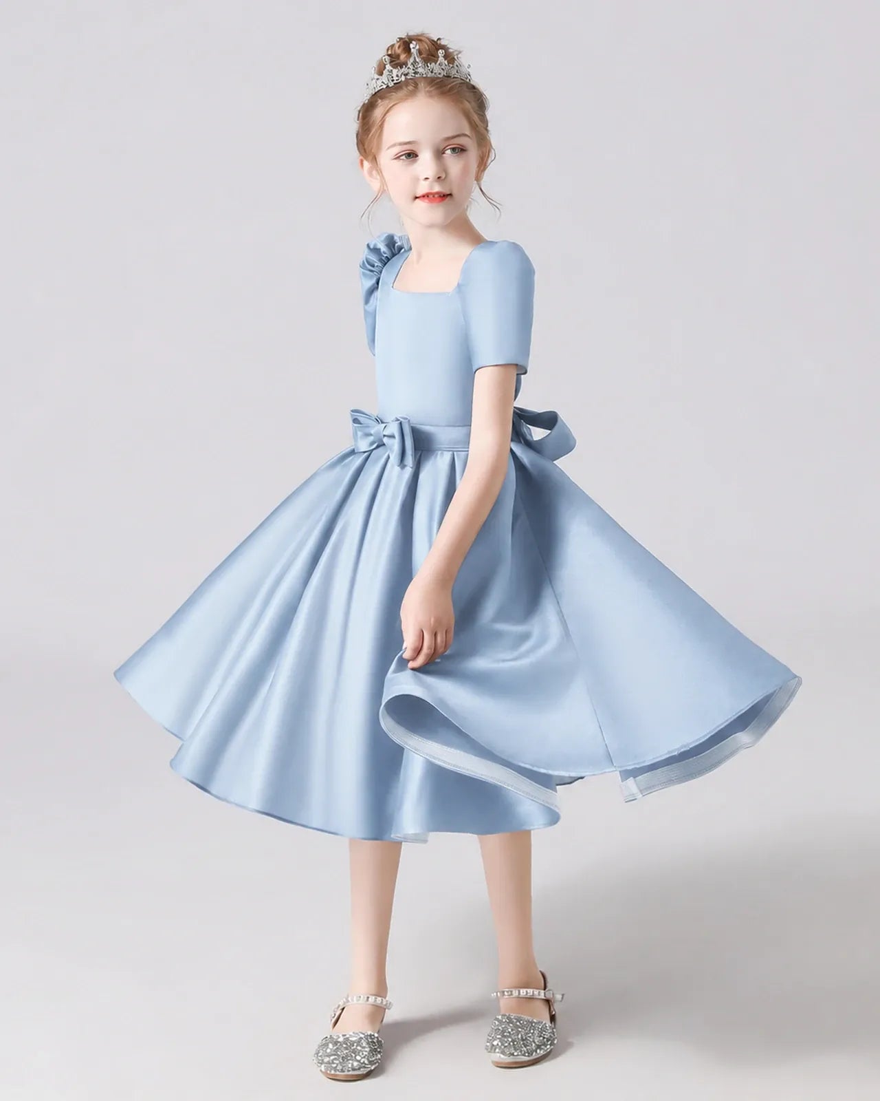 Dusty Blue Satin A-line Flower Girl Dress Front View