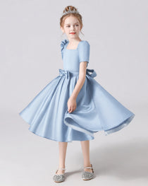 Dideyttawl Satin Flower Girl Dress with Short Puff Sleeves and Bow