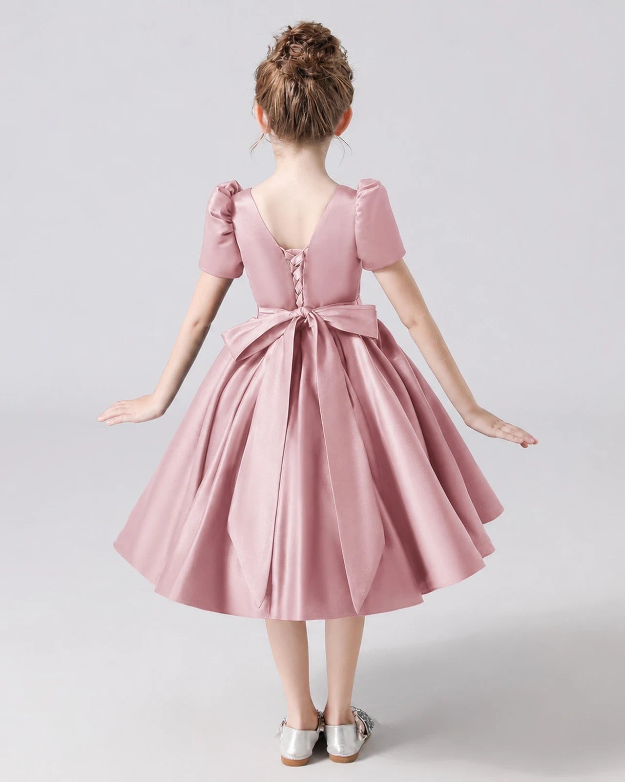 Dideyttawl Satin Flower Girl Dress with Short Puff Sleeves and Bow
