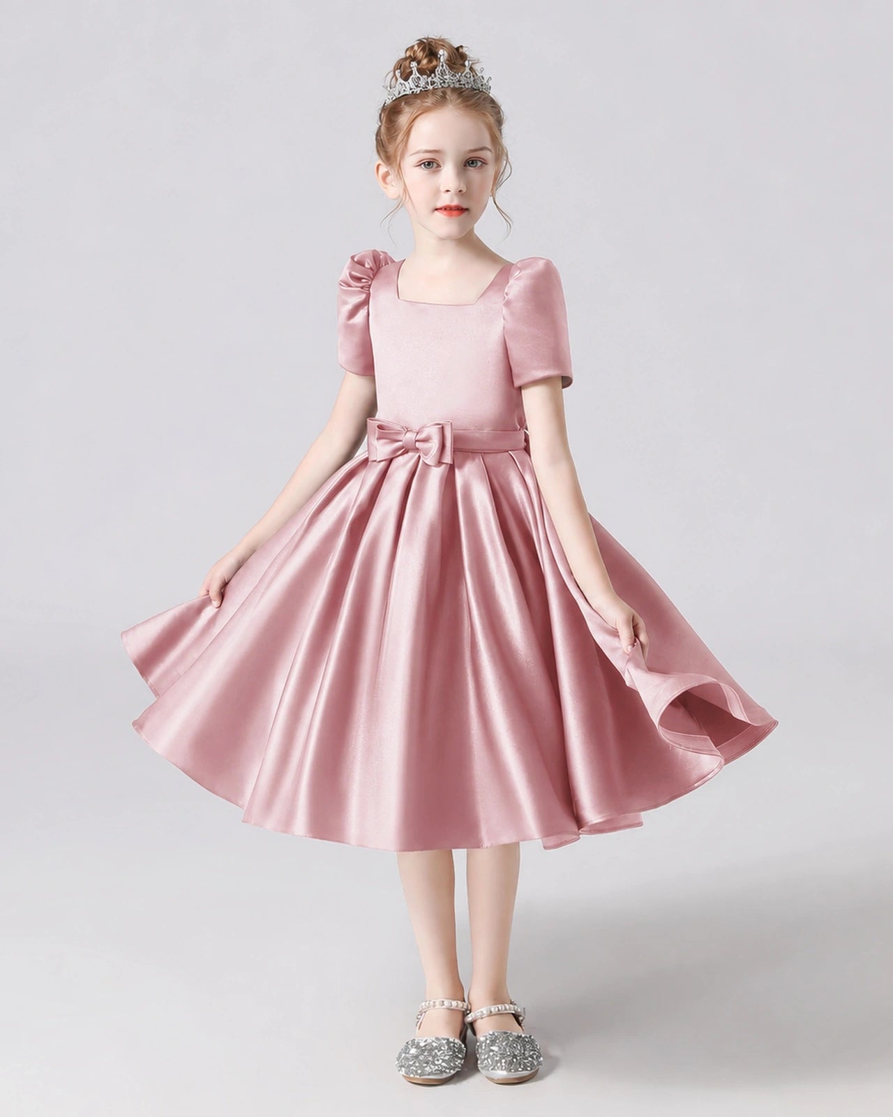 Dideyttawl Satin Flower Girl Dress with Short Puff Sleeves and Bow