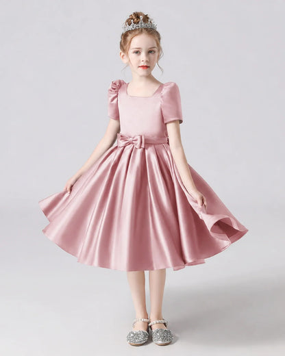 Dusty Rose Satin A-line Flower Girl Dress Front View