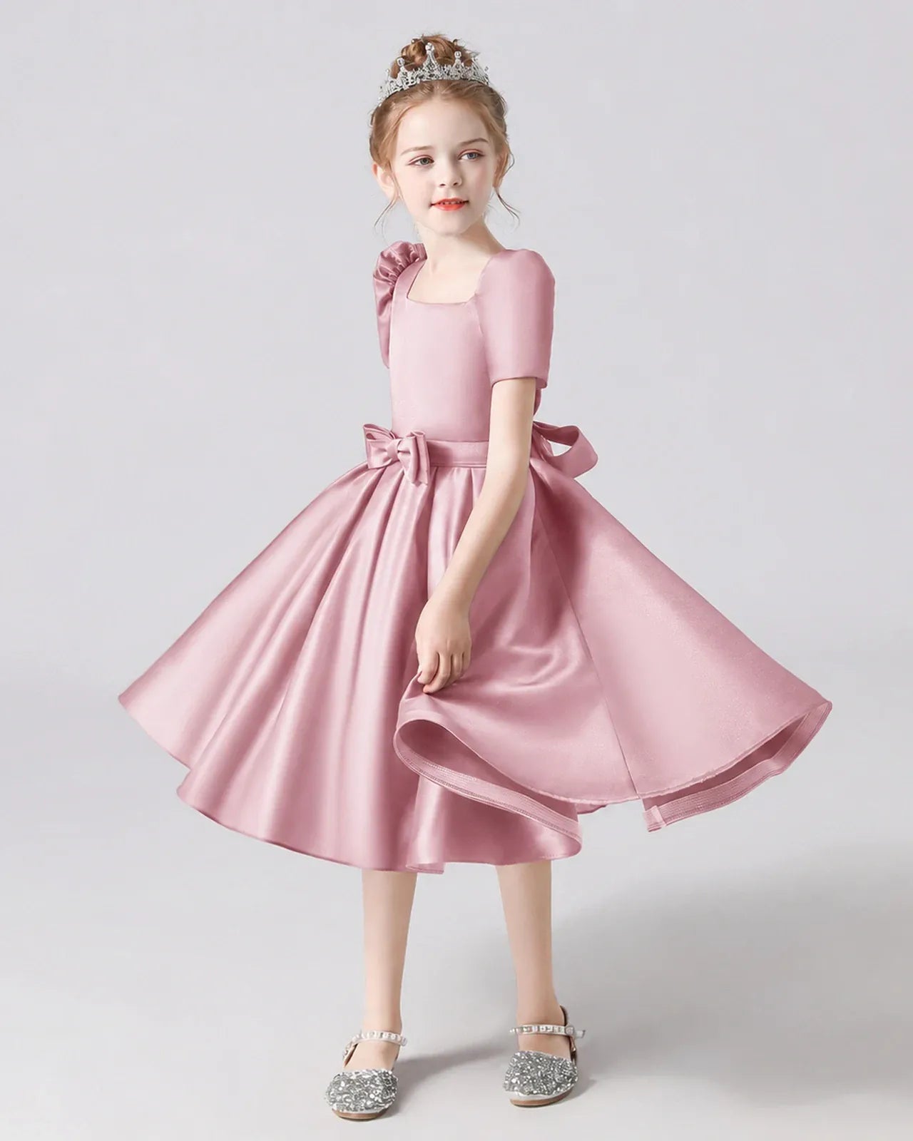 Dusty Rose Satin A-line Flower Girl Dress Side View