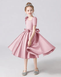 Dideyttawl Satin Flower Girl Dress with Short Puff Sleeves and Bow