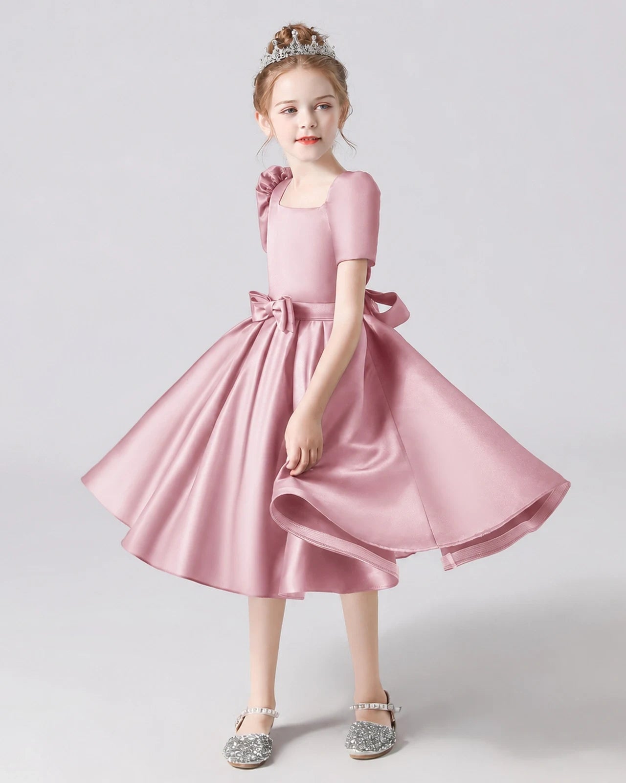 Dideyttawl Satin Flower Girl Dress with Short Puff Sleeves and Bow