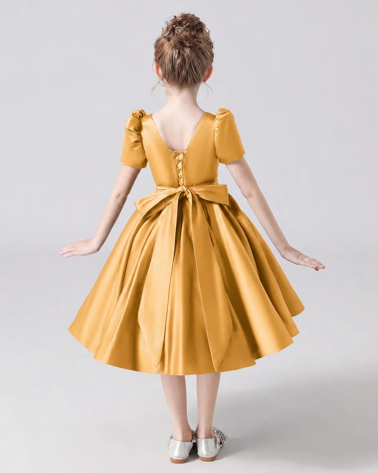 Gold Satin A-line Flower Girl Dress Back View