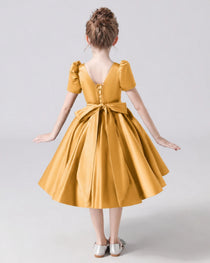 Dideyttawl Satin Flower Girl Dress with Short Puff Sleeves and Bow