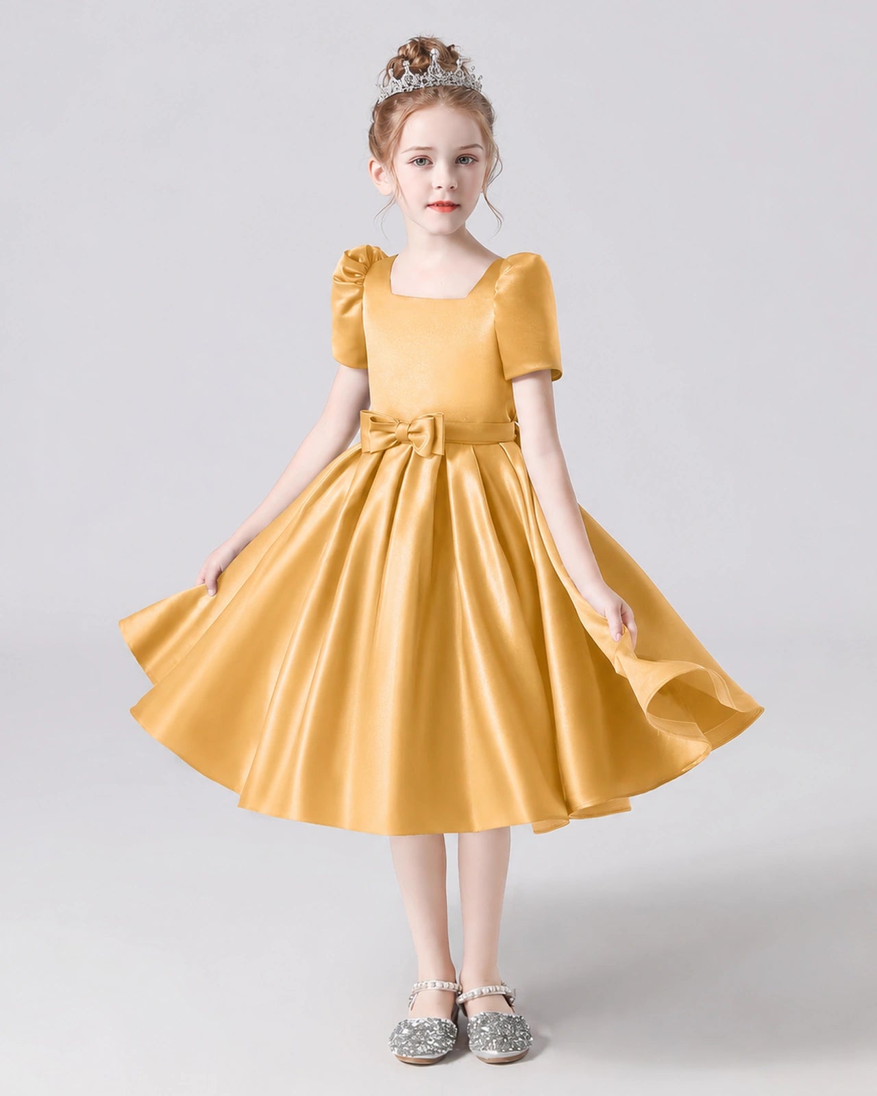 Dideyttawl Satin Flower Girl Dress with Short Puff Sleeves and Bow
