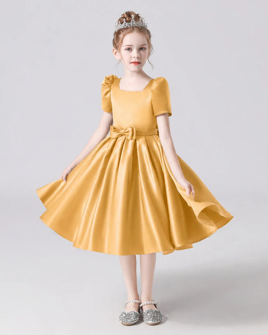Gold Satin A-line Flower Girl Dress Front View