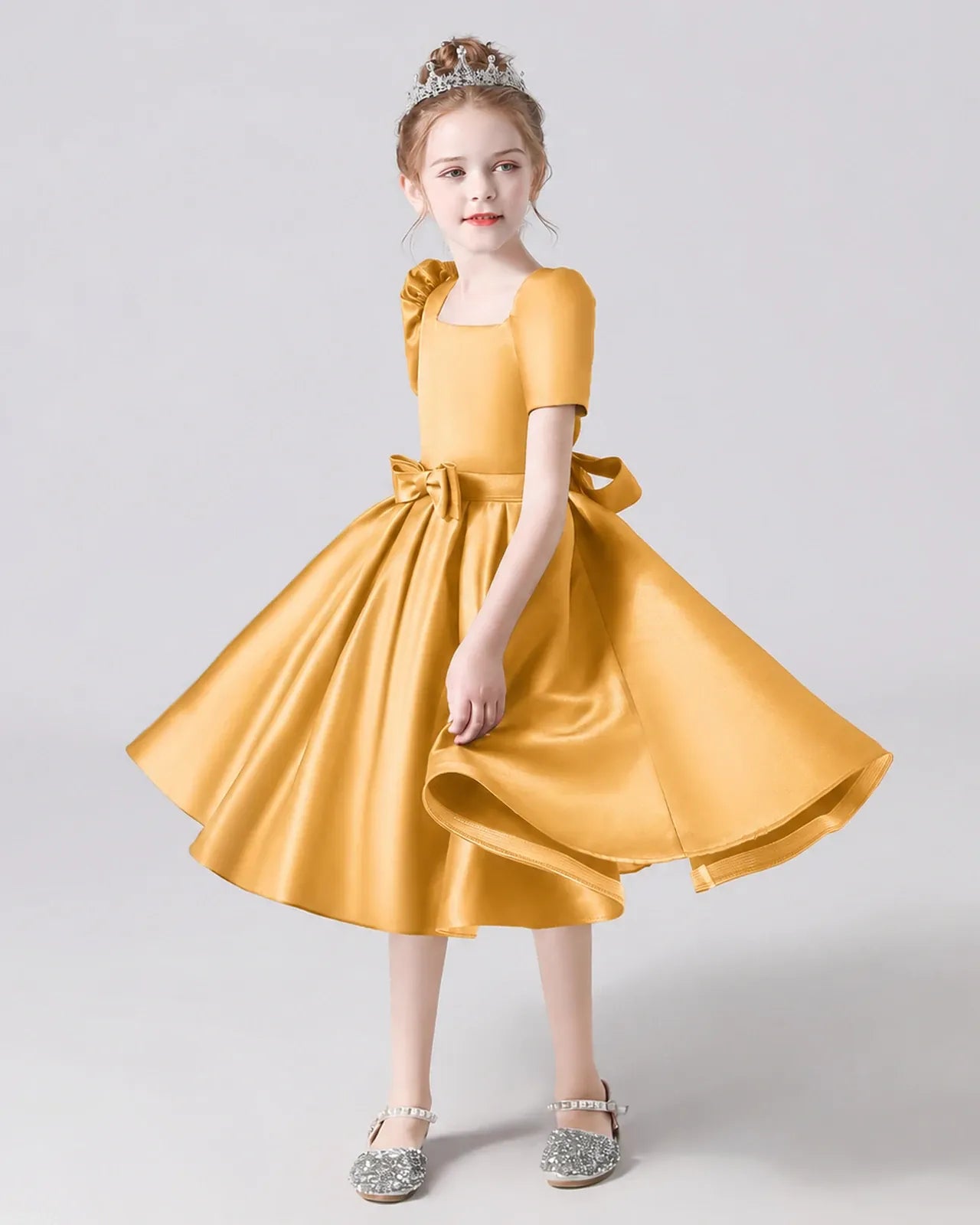 Gold Satin A-line Flower Girl Dress Front View