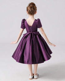 Dideyttawl Satin Flower Girl Dress with Short Puff Sleeves and Bow