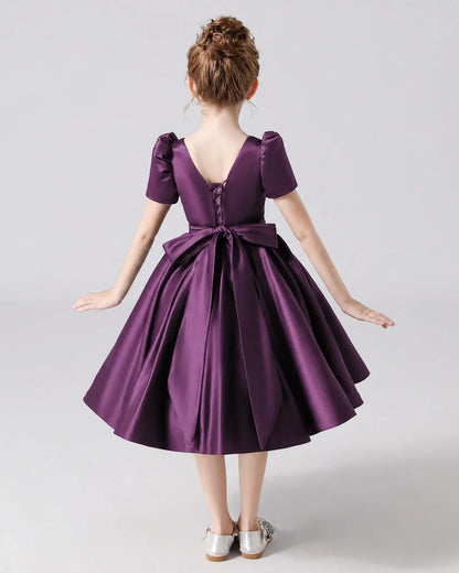 Grape Satin A-line Flower Girl Dress Back View