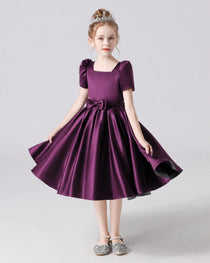Dideyttawl Satin Flower Girl Dress with Short Puff Sleeves and Bow