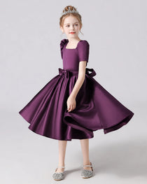 Dideyttawl Satin Flower Girl Dress with Short Puff Sleeves and Bow