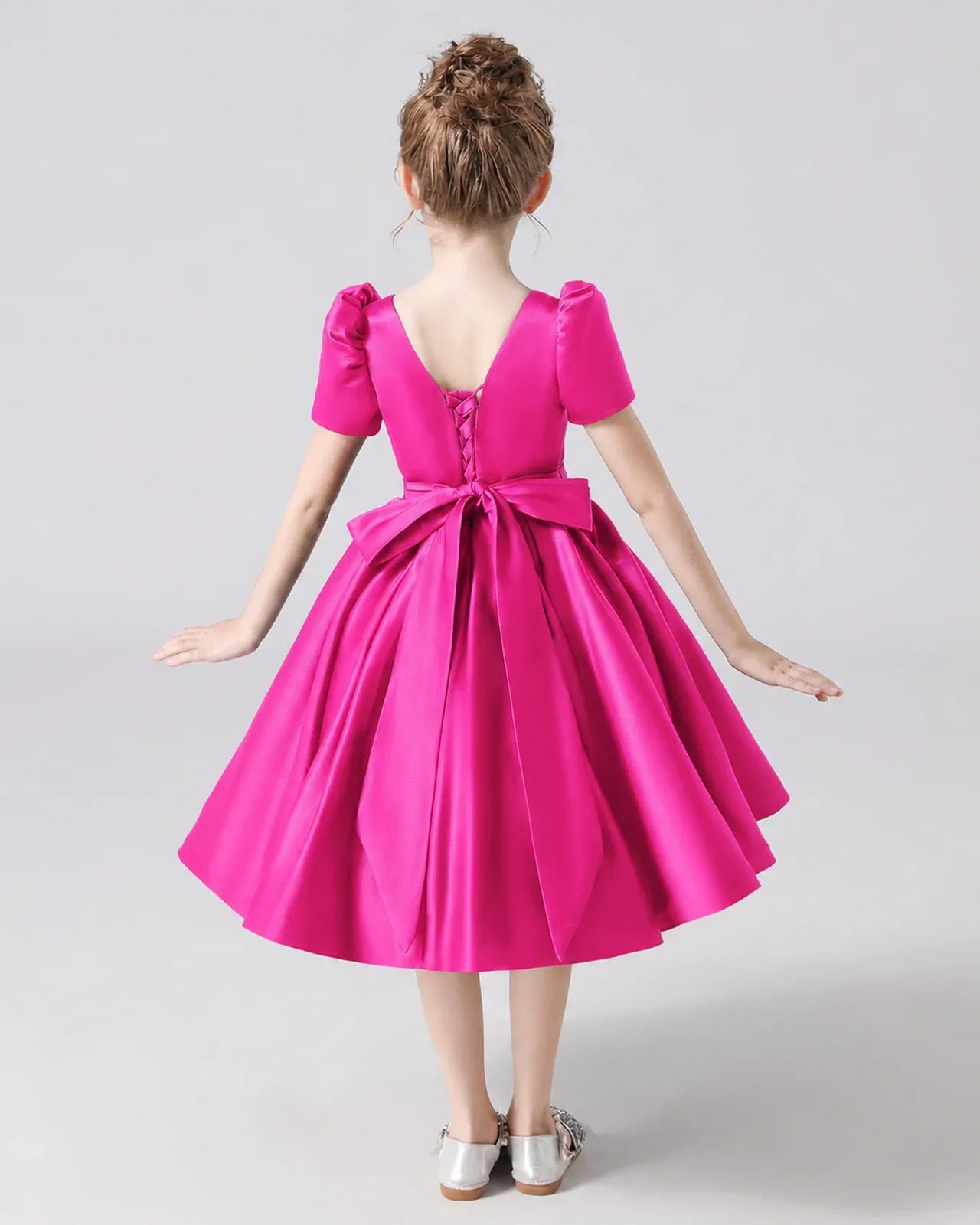 Hot Pink Satin A-line Flower Girl Dress Back View