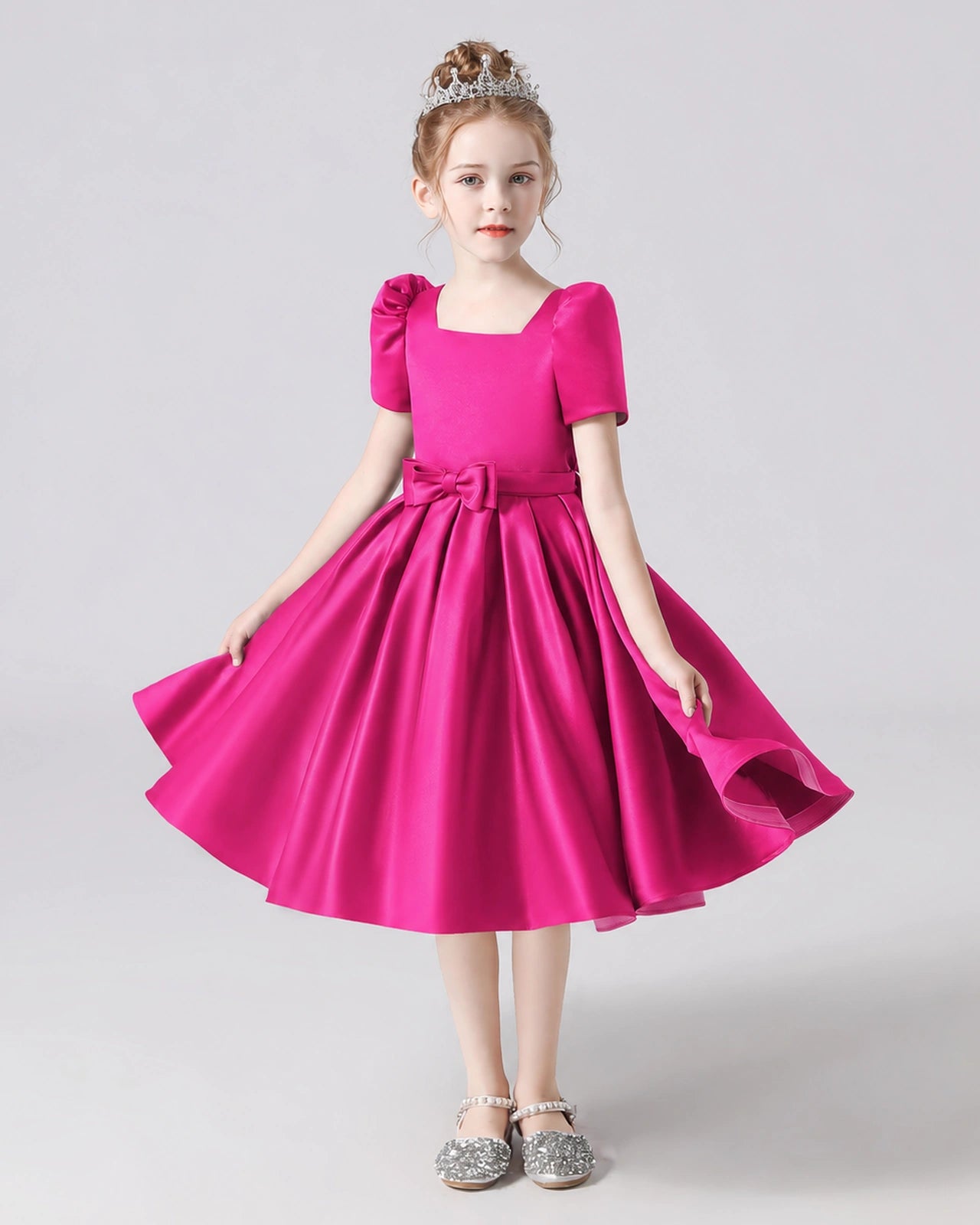 Dideyttawl Satin Flower Girl Dress with Short Puff Sleeves and Bow