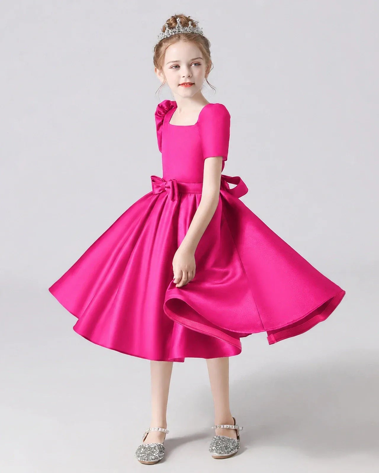 Hot Pink Satin A-line Flower Girl Dress Front View