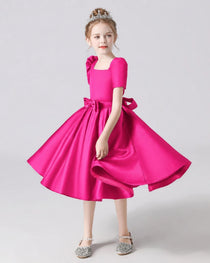 Dideyttawl Satin Flower Girl Dress with Short Puff Sleeves and Bow