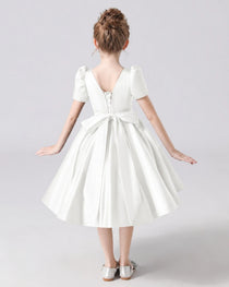 Dideyttawl Satin Flower Girl Dress with Short Puff Sleeves and Bow