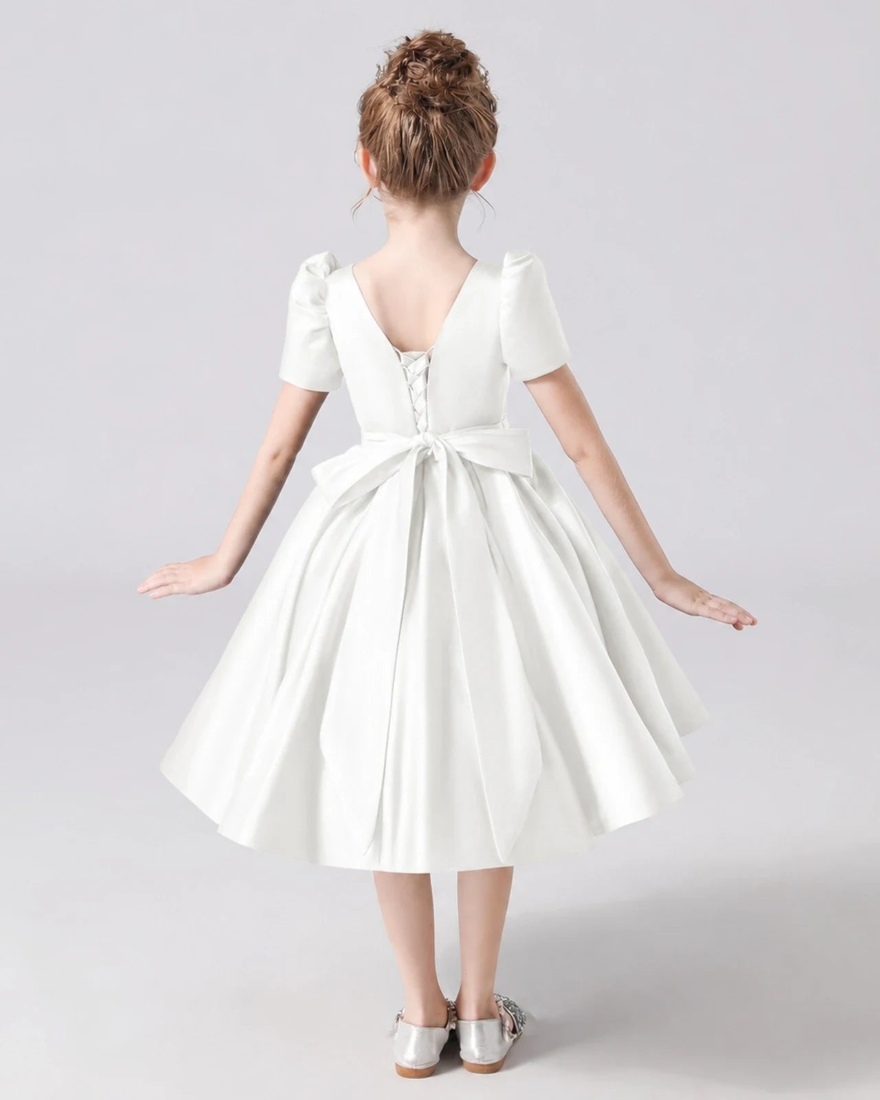 Dideyttawl Satin Flower Girl Dress with Short Puff Sleeves and Bow
