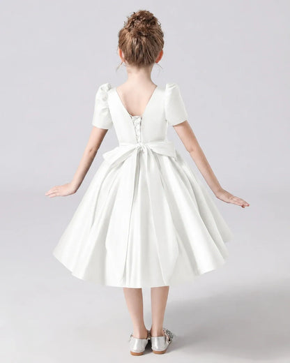 Ivory Satin A-line Flower Girl Dress Back View