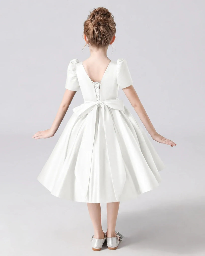 Ivory Satin A-line Flower Girl Dress Back View
