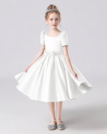 Dideyttawl Satin Flower Girl Dress with Short Puff Sleeves and Bow