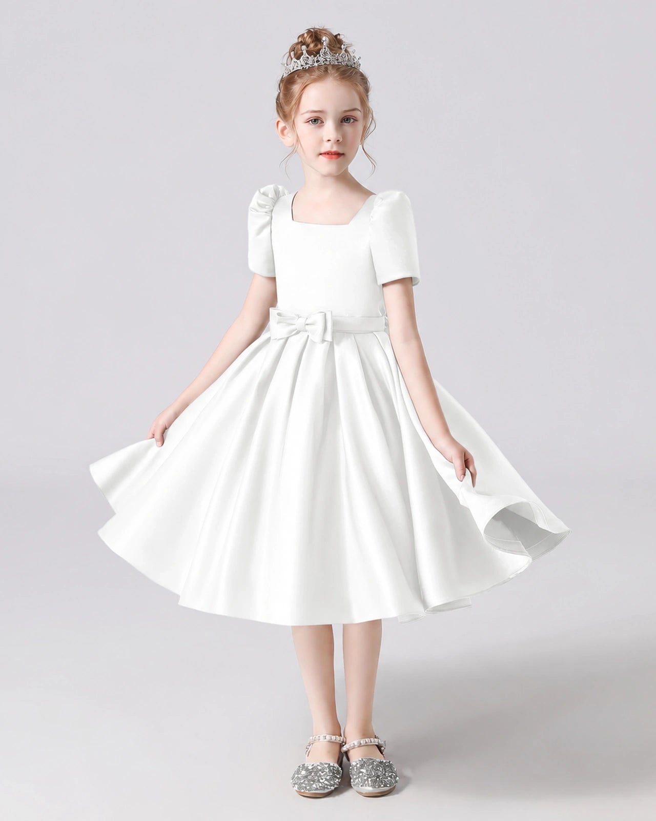 Dideyttawl Satin Flower Girl Dress with Short Puff Sleeves and Bow