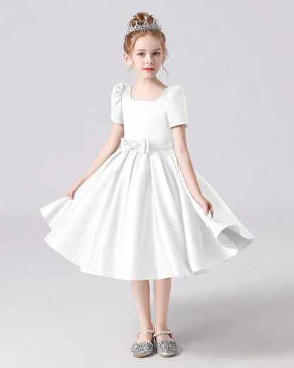 Ivory Satin A-line Flower Girl Dress Front View