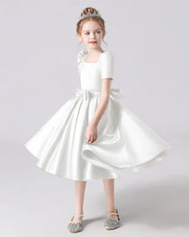 Dideyttawl Satin Flower Girl Dress with Short Puff Sleeves and Bow
