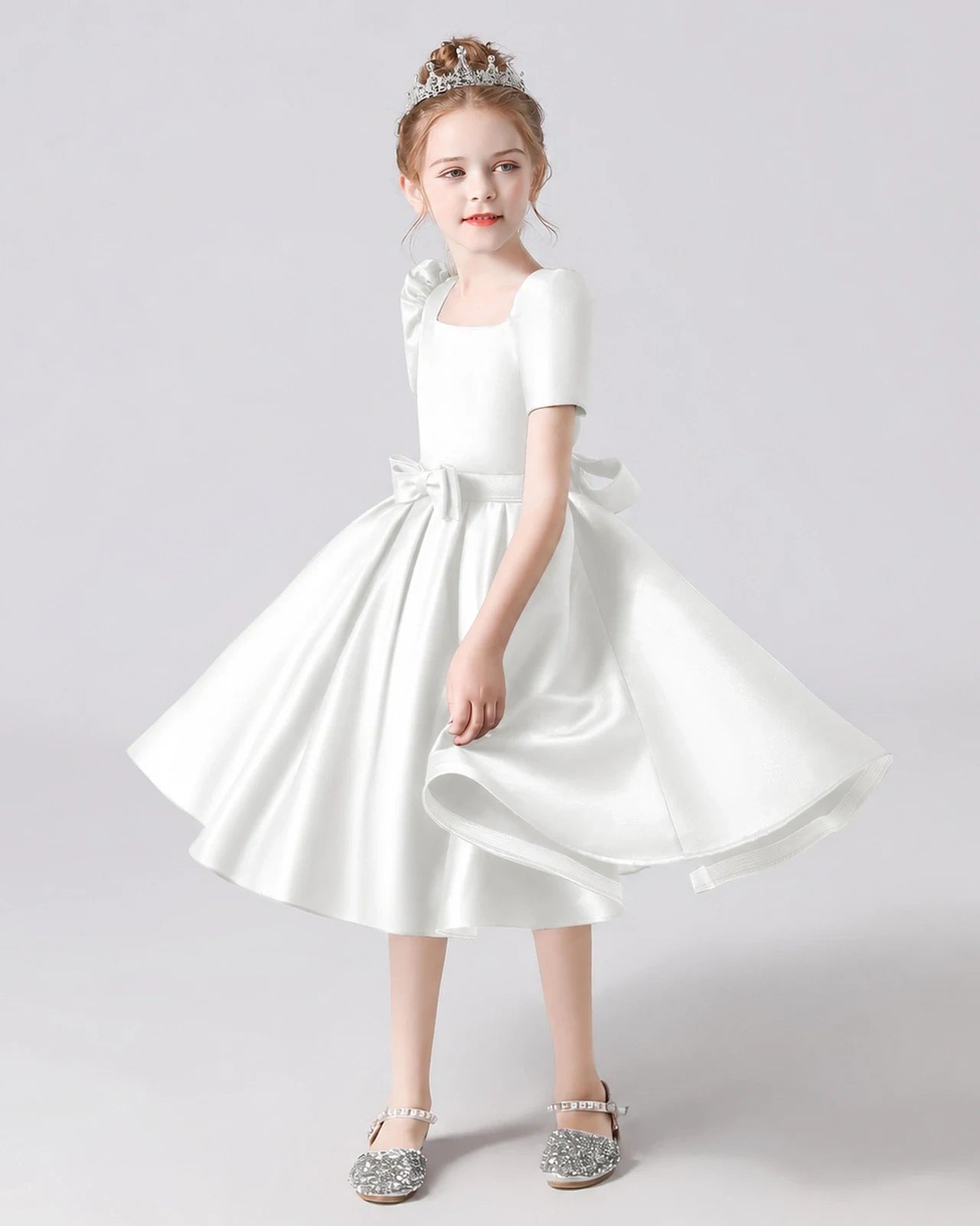 Dideyttawl Satin Flower Girl Dress with Short Puff Sleeves and Bow