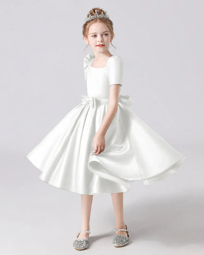 Ivory Satin A-line Flower Girl Dress Front View