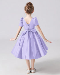 Dideyttawl Satin Flower Girl Dress with Short Puff Sleeves and Bow