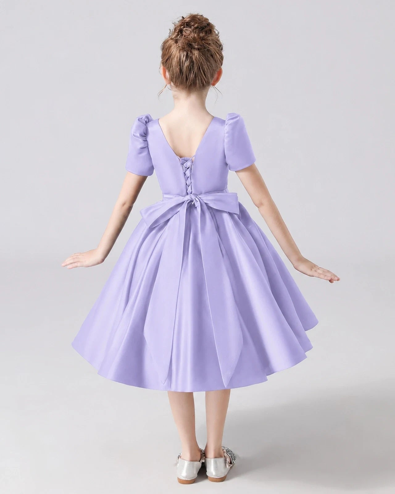 Dideyttawl Satin Flower Girl Dress with Short Puff Sleeves and Bow