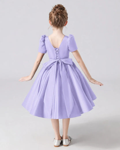 Lavender Satin A-line Flower Girl Dress Back View