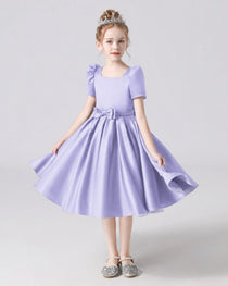 Dideyttawl Satin Flower Girl Dress with Short Puff Sleeves and Bow