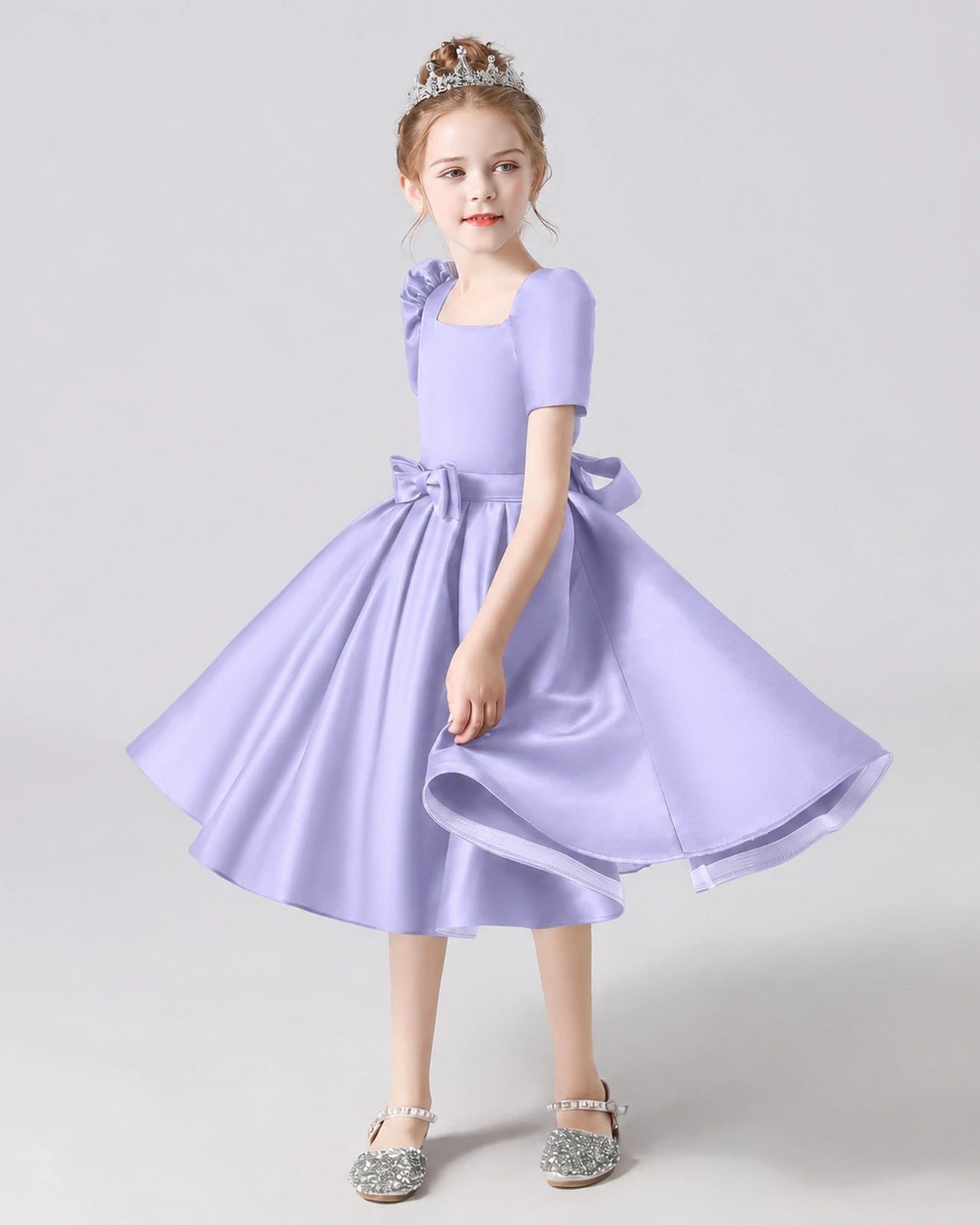 Dideyttawl Satin Flower Girl Dress with Short Puff Sleeves and Bow