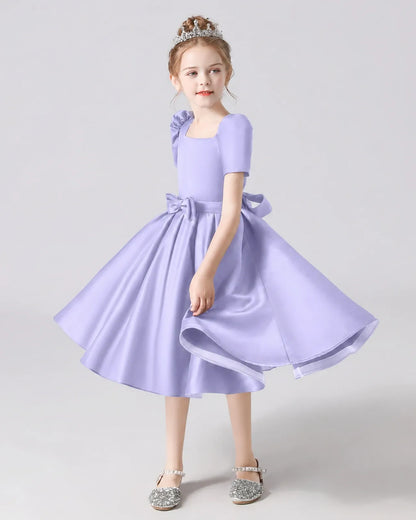 Lavender Satin A-line Flower Girl Dress Front View