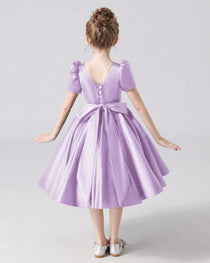 Dideyttawl Satin Flower Girl Dress with Short Puff Sleeves and Bow