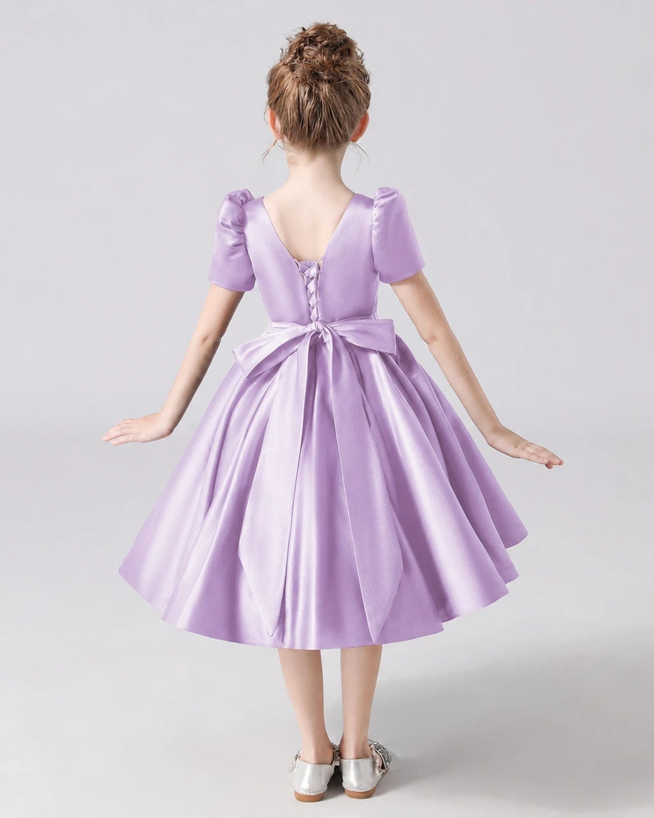 Dideyttawl Satin Flower Girl Dress with Short Puff Sleeves and Bow