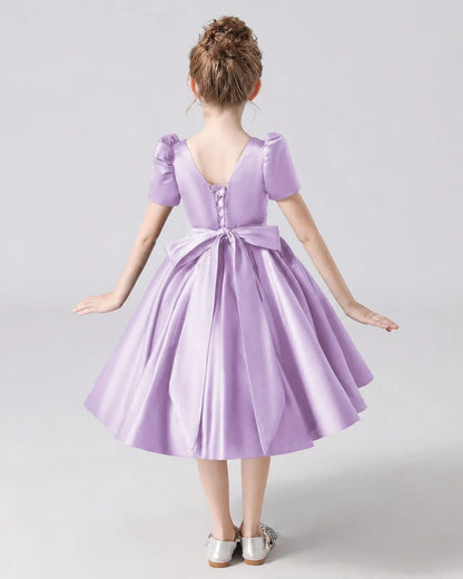 Lilac Satin A-line Flower Girl Dress Back View