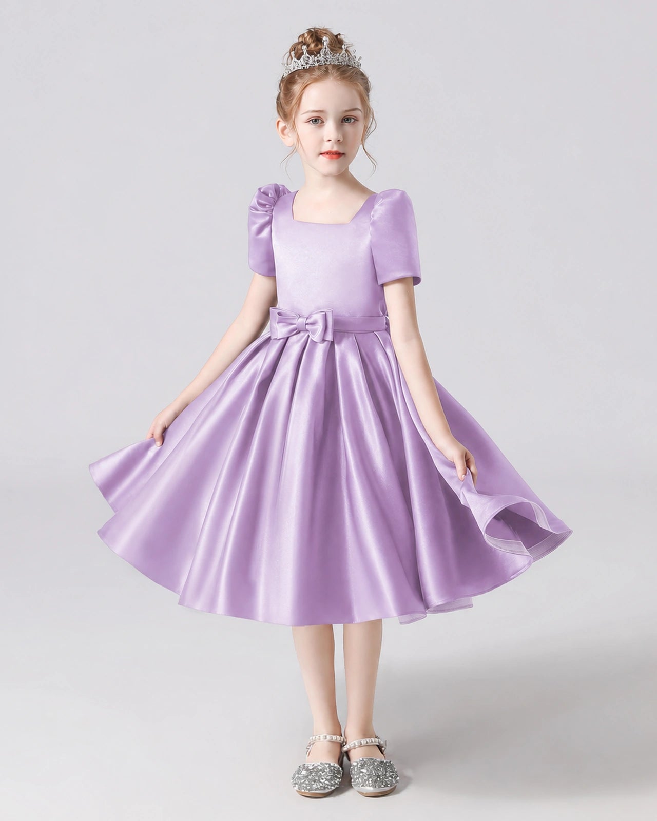 Dideyttawl Satin Flower Girl Dress with Short Puff Sleeves and Bow
