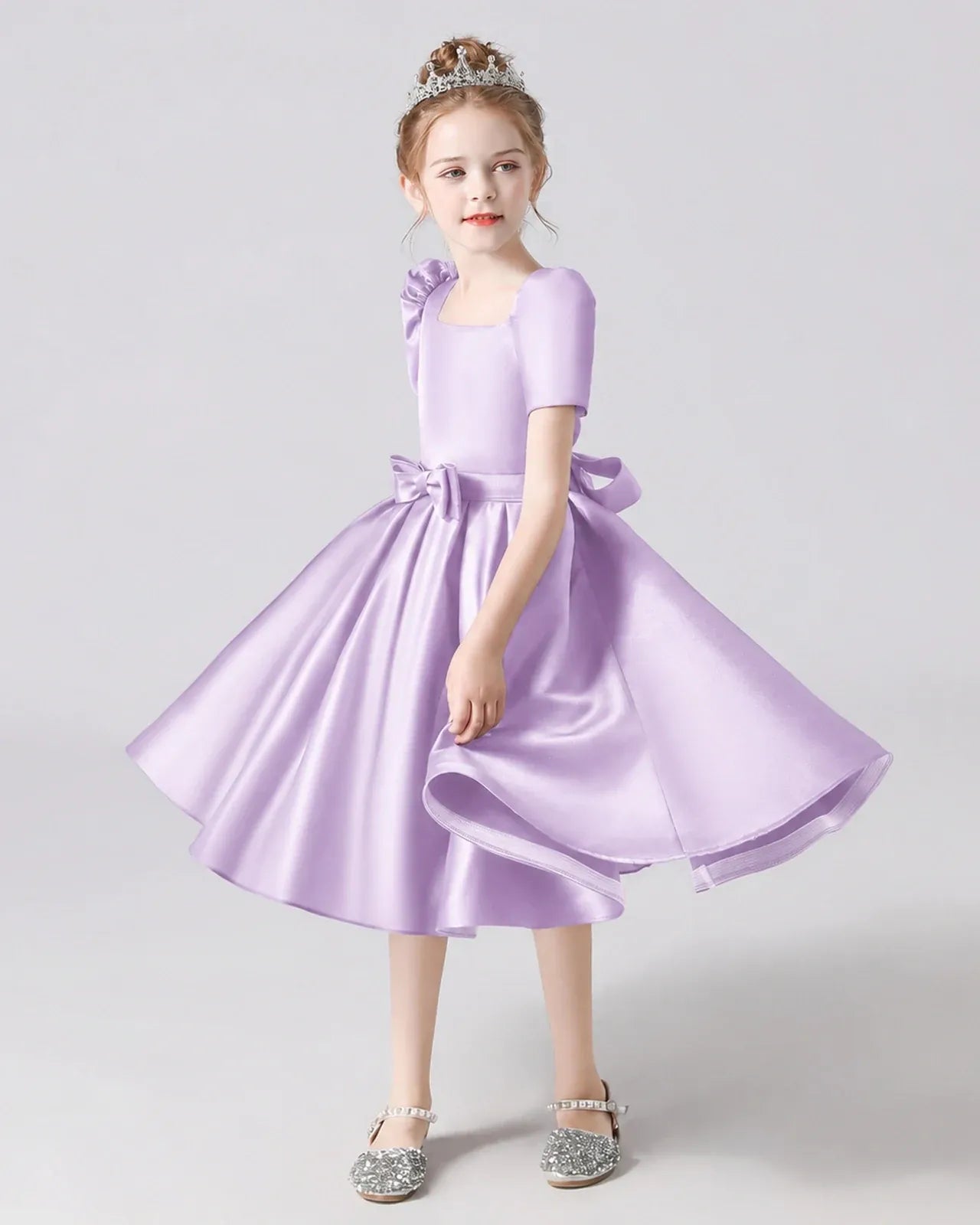 Lilac Satin A-line Flower Girl Dress Front View