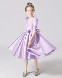 Dideyttawl Satin Flower Girl Dress with Short Puff Sleeves and Bow