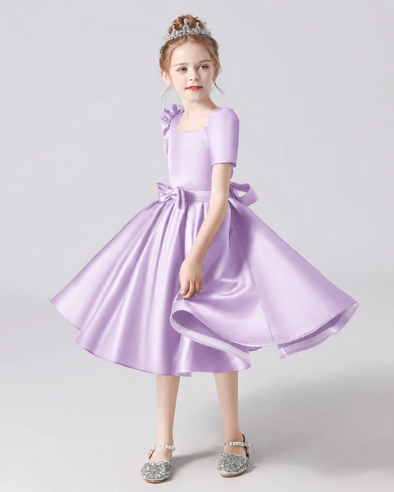 Dideyttawl Satin Flower Girl Dress with Short Puff Sleeves and Bow