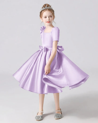 Lilac Satin A-line Flower Girl Dress Front View