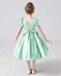 Dideyttawl Satin Flower Girl Dress with Short Puff Sleeves and Bow